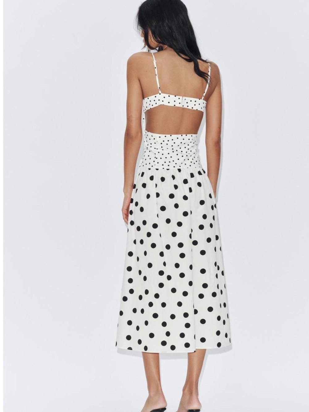 NWT Zara White Ecru Black Midi Strappy Dress Polka Dots Size Small - Picture 3 of 7